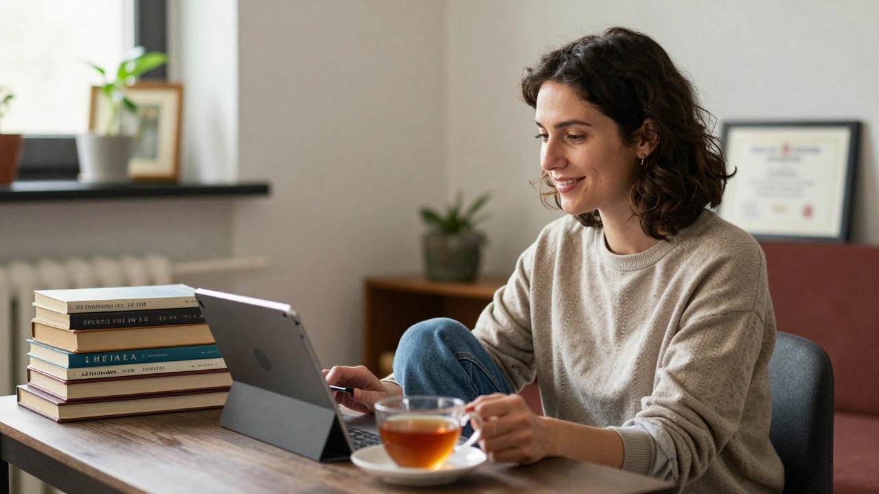 A woman video-calling from a quiet apartment, books and tea beside her, radiating professionalism.
