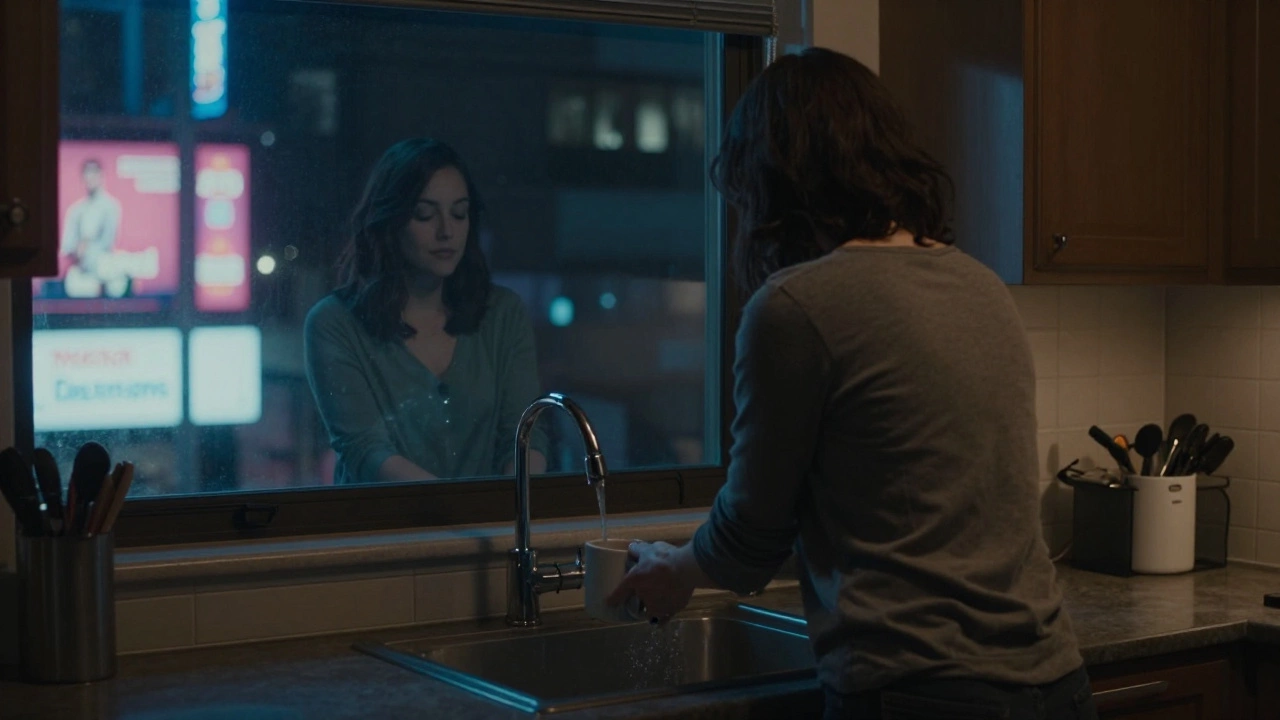 A woman washes a mug at night, her reflection visible in a window displaying adult content ads.