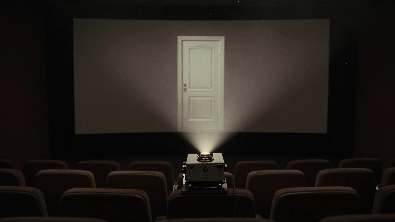 An empty theater with a blank screen lit only by a fading film projector.