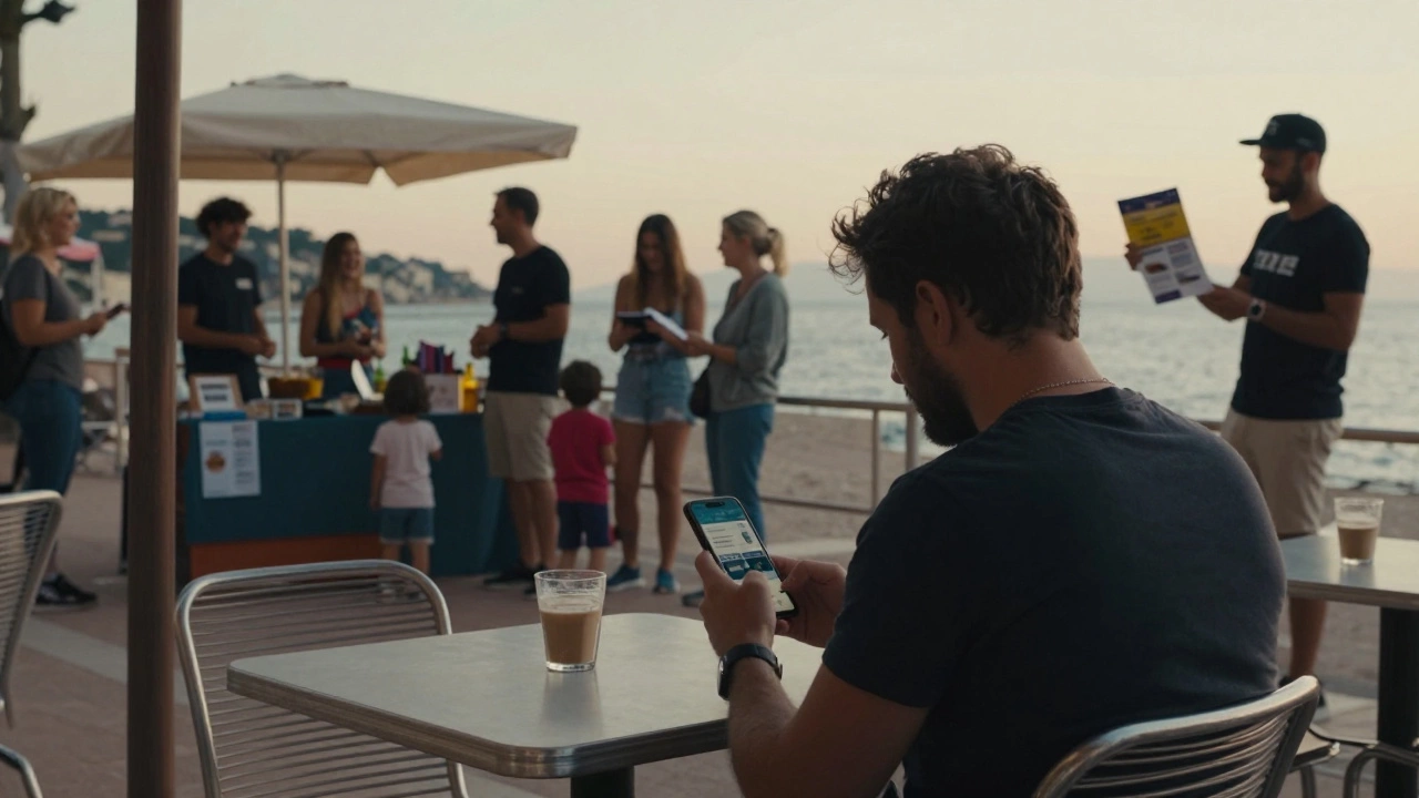 Man in Toulon café looking at phone while real community events happen nearby in golden light.