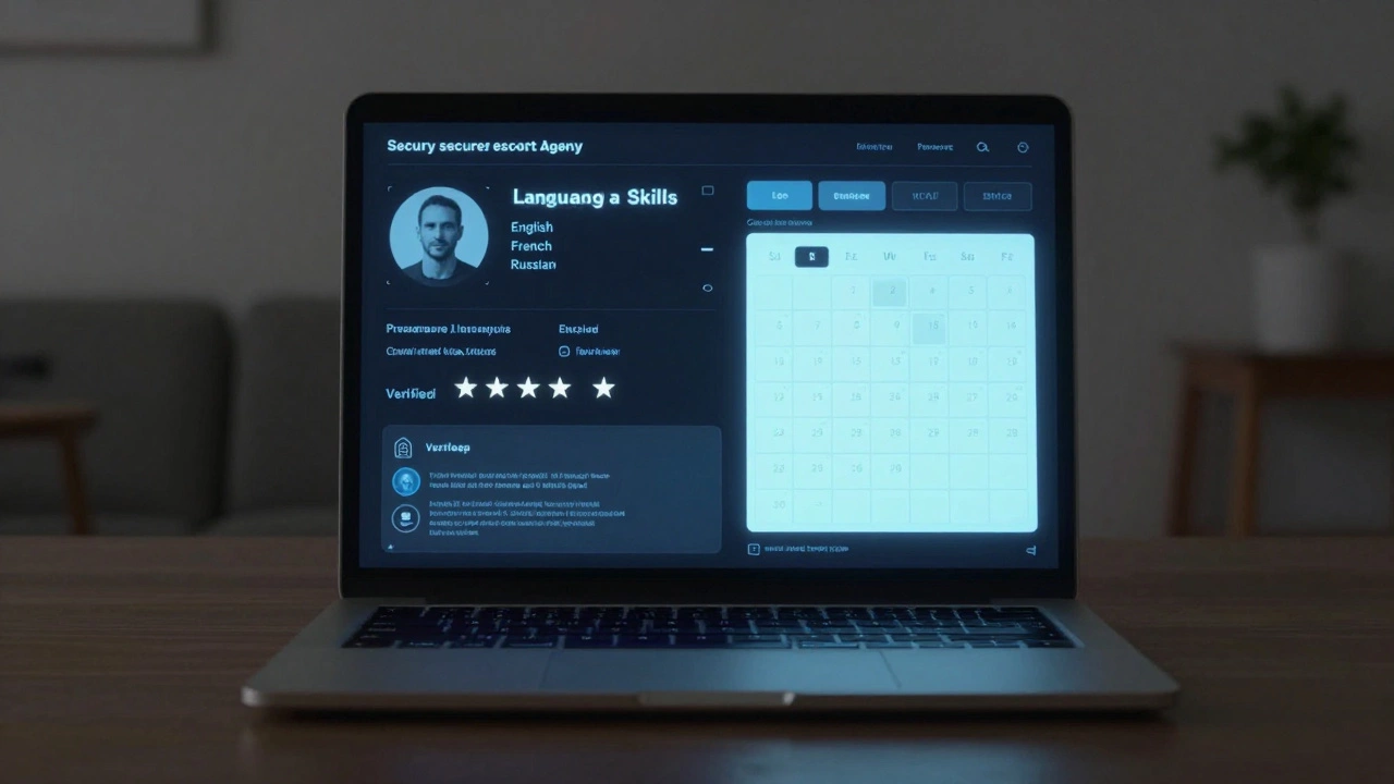 Secure online escort profile on a laptop screen showing language skills and client reviews.